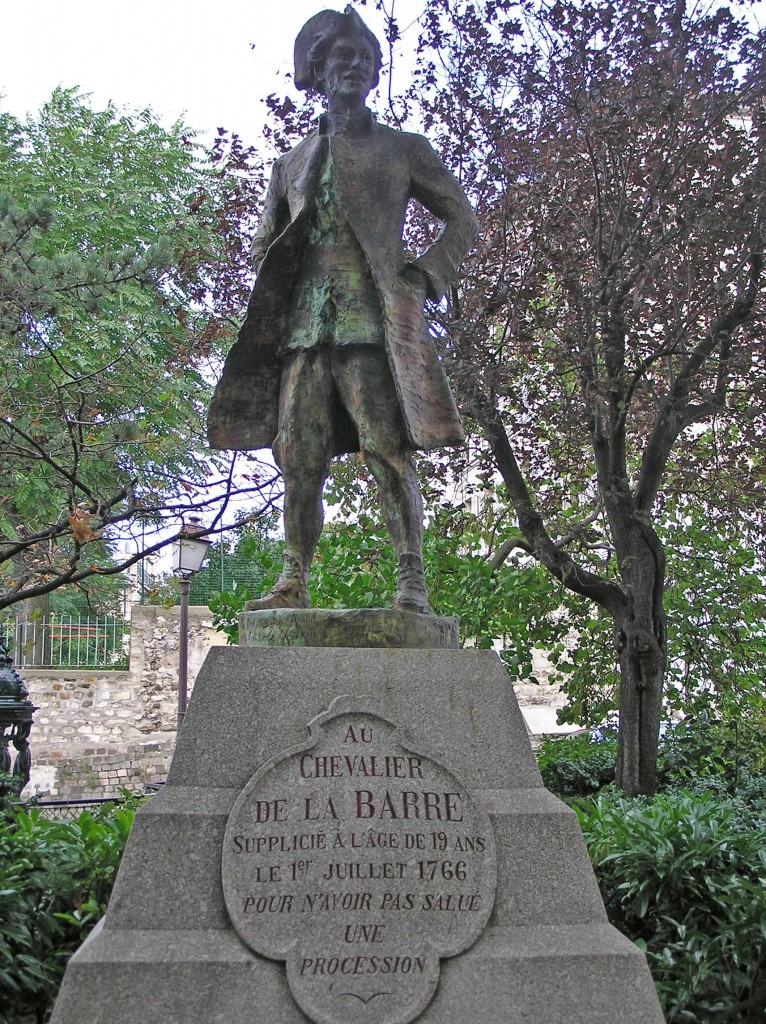 [A photo of the Chevalier de la Barre statue in Paris.]